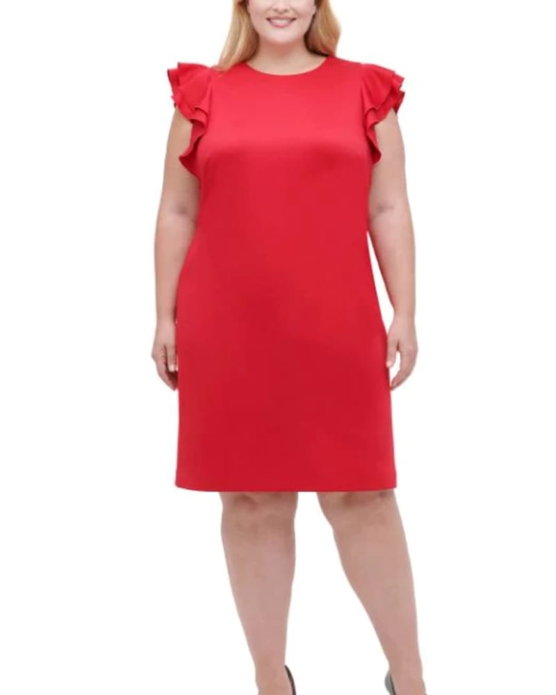 Front of a model wearing a size 16W Tommy Hilfiger Women's Plus Sheath Flutter Sleeve Dress Red Size 16W in Red by Tommy Hilfiger. | dia_product_style_image_id:313488